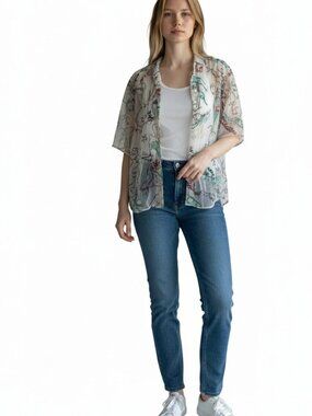 Aritzia Babaton Womens M Sheer Embroidered Blouse Script Beige Art To Wear Artsy